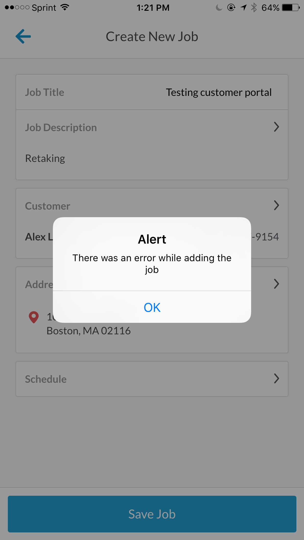 Error creating a job screenshot